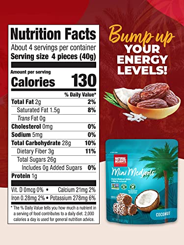 Natural Delights Medjool Dates - Coconut Mini Medjools, Non-GMO Verified, Mini Date Bites, Healthy Date Snack, Good Source of Fiber, Naturally Sweet, On the Go Snack - Coconut Mini Medjools, 6 oz Bag