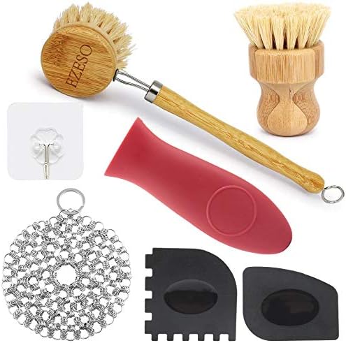 Cast Iron Scrubber - 7 Piece Cast Iron Cleaner Cast Iron Cleaning Kit Upgraded Stainless Steel Chainmail Scrubber Bamboo Dish Brush, Hot Handle Holder, Pan Grill Scrapers Household Cleaning Tools