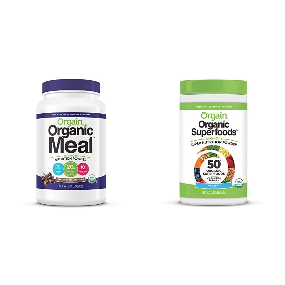 Orgain Organic Vegan Meal Replacement Protein Powder, Creamy Chocolate Fudge (2.03lb) Organic Greens Powder + 50 Superfoods (0.62lb) Bundle