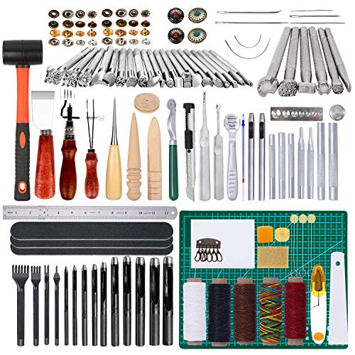 Lokunn 150 Pieces Leather Work Tools, Leathercraft Tools and Supplies with Leather Stamping Tools Leather Groover, Leather Rivets Kit for Leather Sewing Leather Working Tool Kit for Beginner