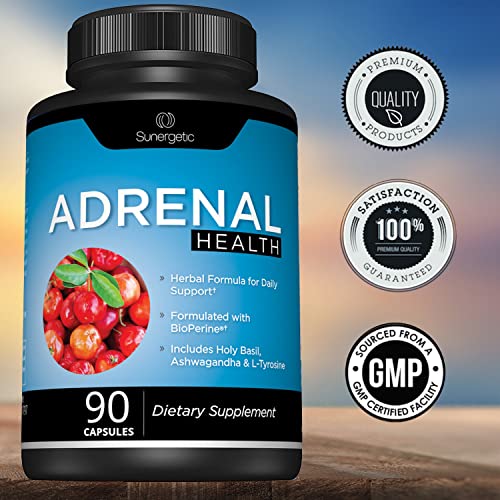 Image of Sunergetic Premium Adrenal Support Supplement - Adrenal Formula for Energy, Adrenal Health & Mood - Adrenal Complex Includes Ashwagandha, L-Tyrosine, Holy Basil & Acerola -90 Capsules