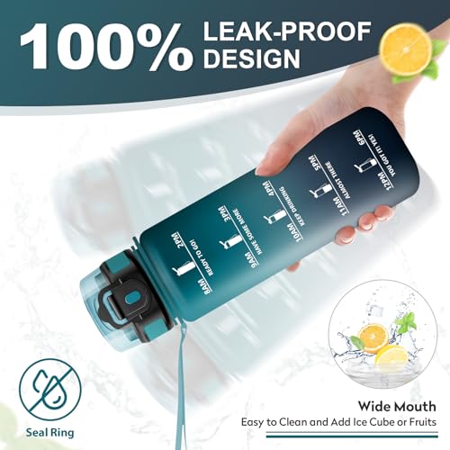 Wasserflasche 1L, Kohlensäure Geeignet, Trinkflasche mit Strohhalm, Trinkflasche Sport Auslaufsicher mit Zeitmarkierung, BPA-frei, Ideal für Outdoor, Fitness, Schule, Büro, Erwachsene, Fahrrad
