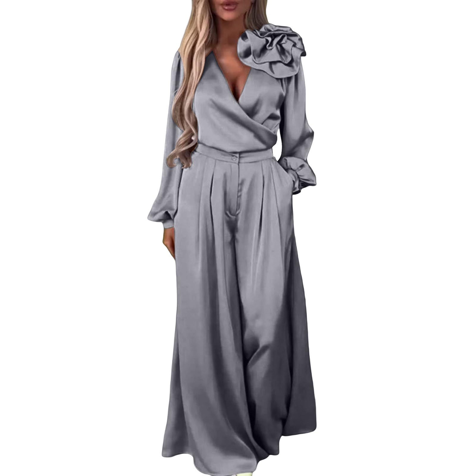 Womens Sexy 2 Pcs Satin 3D Flower Blouse with V Neck Long Sleeve Top and Wide Leg Pants