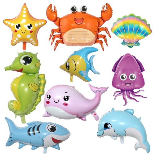 9 Pcs Sea Animal Balloons, Under The Sea Decorations, Creature Shark Dolphin Whale Fish Crayfish Octopus Ocean Foil Balloons, Under The for Ocean Theme Party Decorations