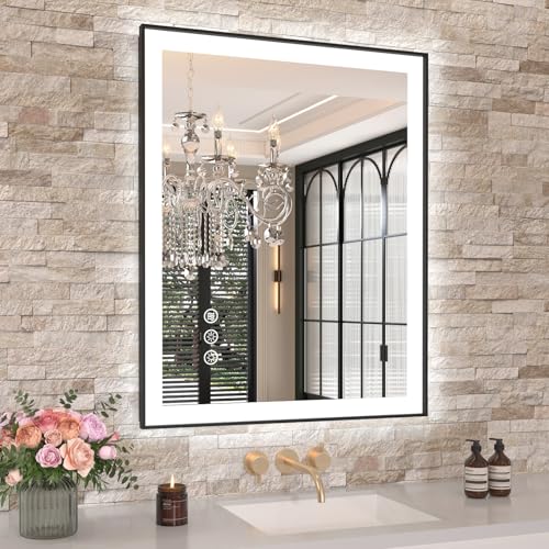 Amorho LED Bathroom Mirror, 24"x 30" Mirror with Black Frame, Front Light and Backlit(Controlled Separately), Stepless Dimmable, Anti-Fog, Shatter-Proof, 3 Colors, Memory