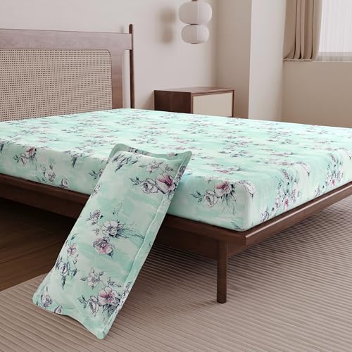 Image of Divine Casa 144 TC Cotton Single Bedsheet with 1 Pillow Cover | Soft Breathable Bedsheet for Single Bed | Modern Printed Bed Sheet Set for Bedroom & Guest Room | 145 x 223 cm (Mint Green, Floral)