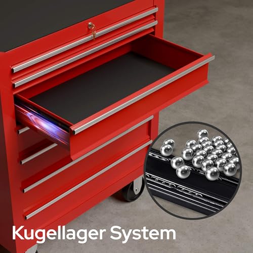 Arebos Werkstattwagen 7 Fächer/zentral abschließbar/Anti-Rutschbeschichtung/Räder mit Festellbremse/Massives Metall/rot, blau oder schwarz (Rot) - 3