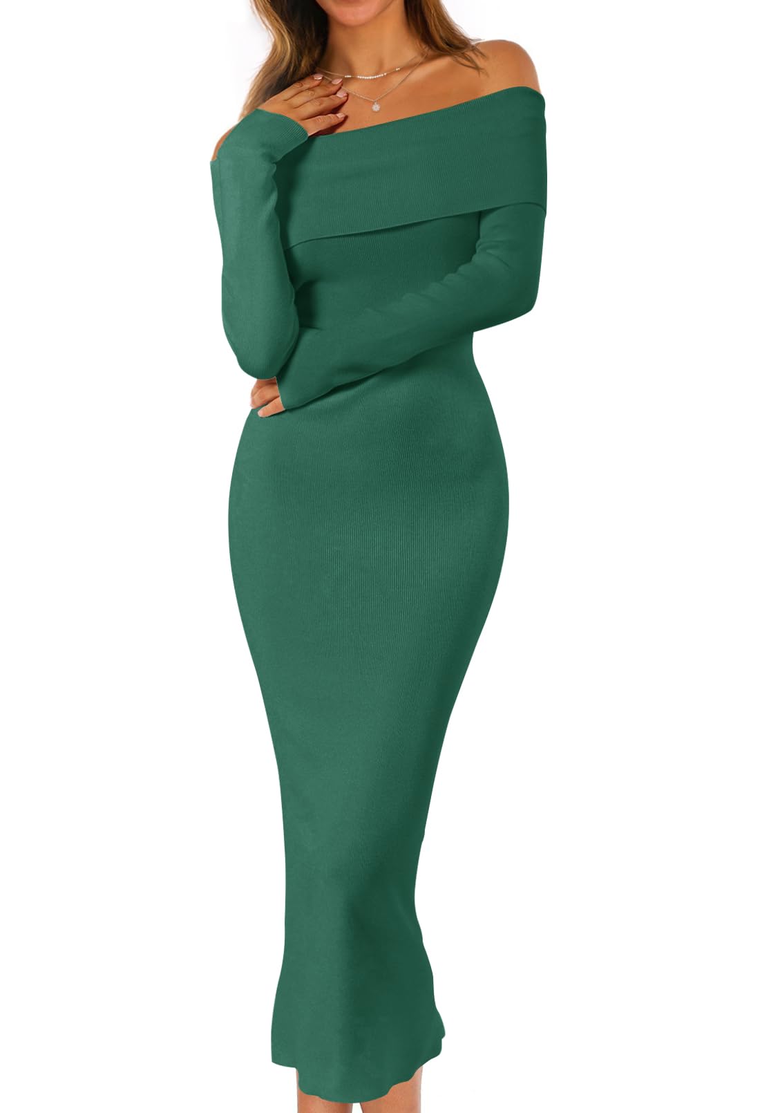 MEROKEETY Women's Fall Off Shoulder Bodycon Sweater Dress 2025 Formal Long Sleeve Elegant Club Party Midi Maxi Dresses, DarkGreen, S