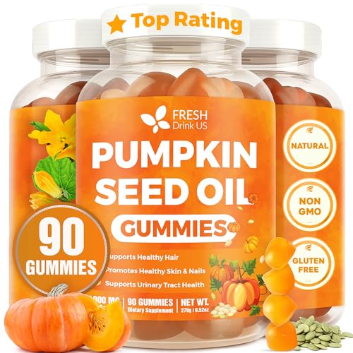 FreshDrinkUS Premium 90 Pumpkin Seed Oil Gummies For Hair Growth Youthful Skin 4000mg Per Serving with Zinc & Vitamin C Plant-Based Non-GMO Sugar/Gluten-Free Mens & Womens Wellness Gummies