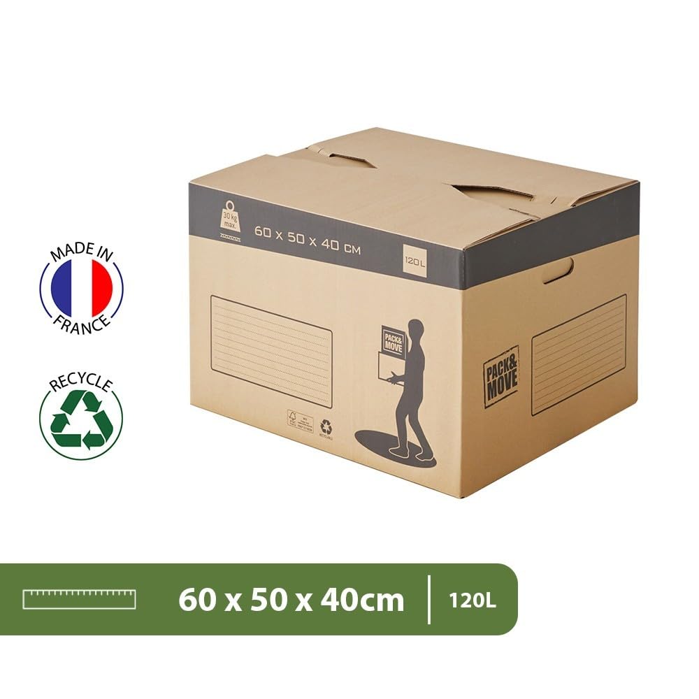 Pack de cajas de cartón para mudanza con fondo automático - 60x50x40cm - Charge max 30KG / 120L - certificados FSC 70% - Pack and Move (20)