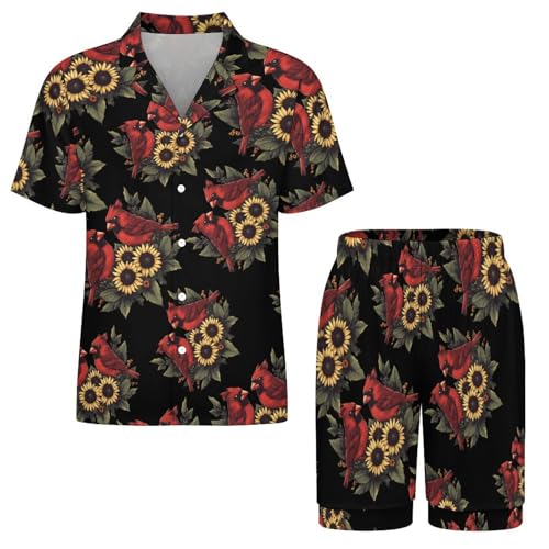 Cardinal Bird Sunflower Floral Mens Pajamas Set Short Sleeve Sleepwear Summer Pjs Sets 2 Piece Loungewear Nightwear3