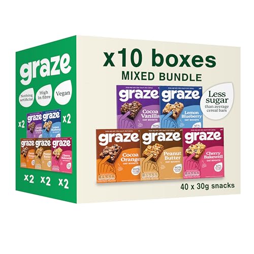 Graze Snacks-Selection box-Total 10 Snack Box Lunchbox snacks Vegan snacks - Packaging may vary - 40x30g of at least 45% less sugar than average Cereal bars