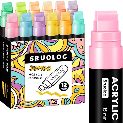 SRUOLOC 12 Pastel Colors Jumbo Markers 15mm Jumbo Felt Tip Acrylic Paint Markers for Rock Painting Poster Stone Ceramic Glass Wood Canvas