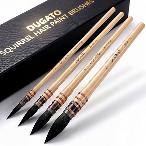 DUGATO 100% Real Squirrel Hair Watercolor Paint Brushes Set – Mop Round Fine Tip Professional Artist Brushes for Gouache, Acrylic, Oil & Wash Techniques (4 Brushes)