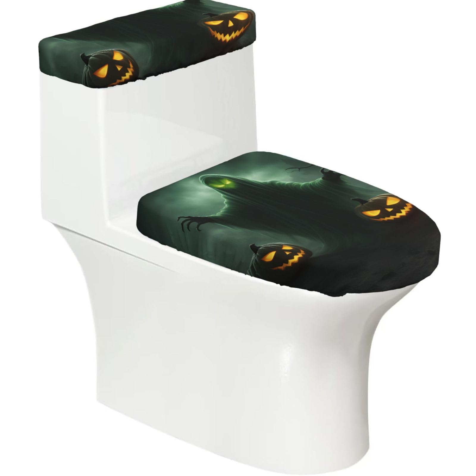 Green Ghost Horror Halloween Pumpkin Print Stretch Toilet Covers Set, Polyester Covers Replacement For Fits Most Size Lids Bathroom Decor