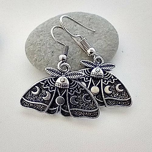2 Pairs Goth Butterfly Dangle Earrings Luna Moth Earrings Crescent Moon Star Drop Earrings Punk Skull Pendant Earrings for Women - Silver4