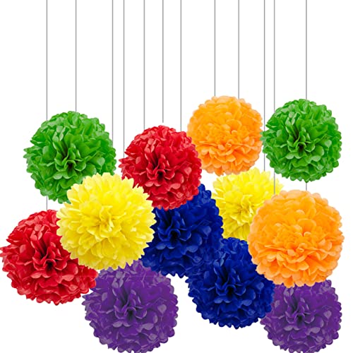Image of XIKSXITN 12 pc Multicolor Tissue Paper Pom-Poms - Hanging Multicolor Paper Flowers Ball for Party Decorative (10&12 inch)