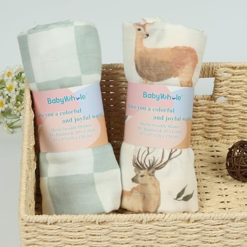 Image of Muslin Swaddle Blankets, Baby Neutral Swaddling Blanket for Boys Girls, Super Soft 70% Viscose from Bamboo and 30% Cotton, Large 47 inch x 47 inch, Safari Jungle & Checkered, Newborn Baby Registry