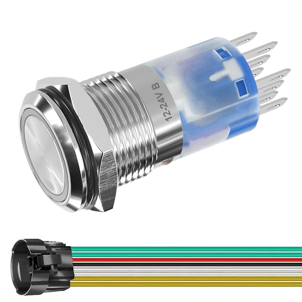 Gebildet16mm Mounting Dia DPDT 2NO 2NC 12V-24V/5A Blue LED with Socket Plug Wire Momentary Stainless Steel Push Button Switch โ image 1