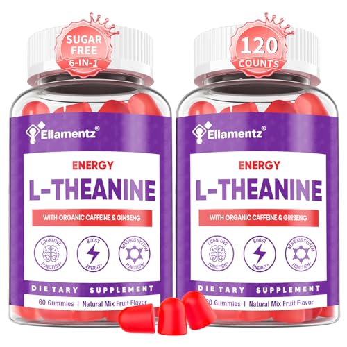 Vegan L-Theanine Gummies 200mg with Caffeine(100mg) Korean Red Ginseng & Ginkgo Biloba- Brain Supplement for Focus Memory & Energy Sugar-Free No Jitters 120 Counts