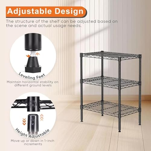 Image of Premium Heavy-Duty 3-Tier Black Metal Wire Storage Rack Shelf Organizer | Adjustable Multipurpose Freestanding Shelving Unit for Home, Office, Kitchen | Size 14 inch D x 30 inch W x 48 inch H Inch