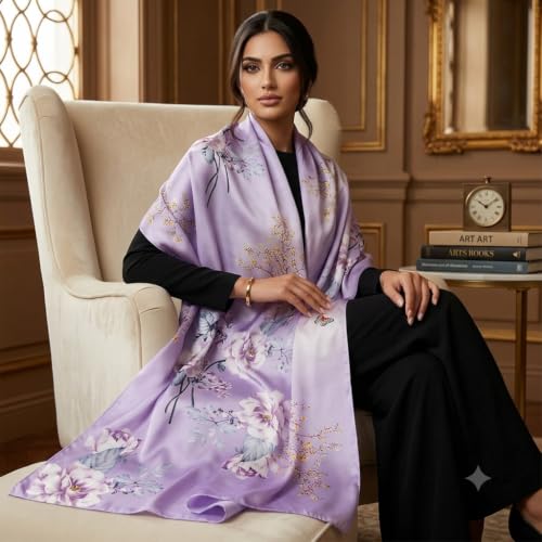 Image of Floral Printed Silk stole | silk Scarf for Women | stylish silk stole for women | Soft Lightweight Stole, Shawl & Neck Wrap | Scarf for Wedding, Party, Travel & Casual Wear
