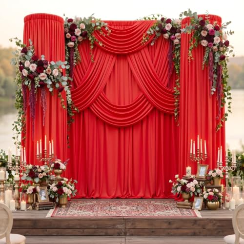 Image of 8 Panels 5x12ft Red Backdrop Curtains for Wedding Parties, Wrinkle Free Polyester 12 ft Long Photo Backdrop Drapes Back Drop Cloth for Birthday Christmas Ceremony Photography Background
