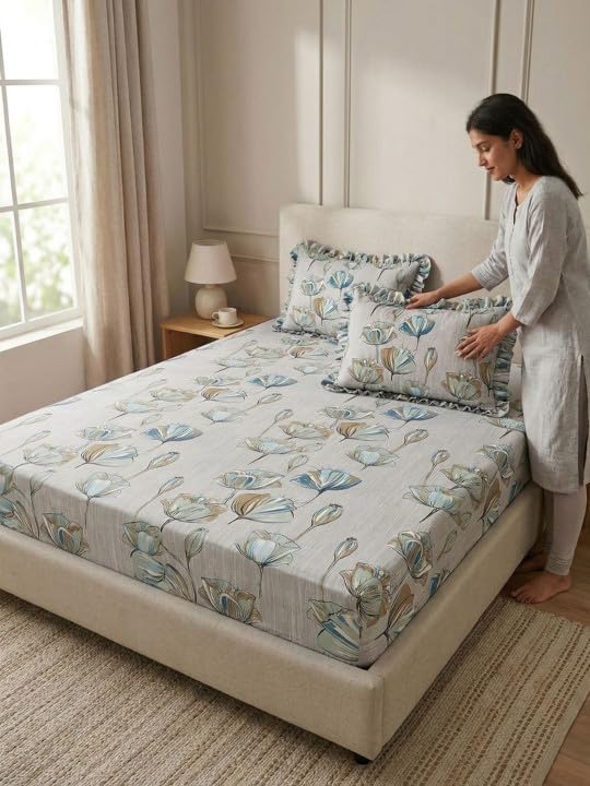Image of 380 TC Premium Glace Cotton Elastic Fitted Bedsheet King Size with 2 Pillow Covers King Size | Double Bed with All Around Elastic (White Floral Print, Fitted - 72 inchx78 inch King)