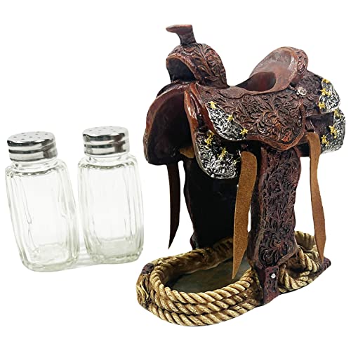 Urbalabs Western Saddle Wagon Wheel Spur and Belt Country Star Cowboy Roper Star Buckle Salt and Pepper Shaker Caddy Farmhouse Dinner Table Kitchen Ranch Decorations Rustic Cowboy Decor (Saddle)