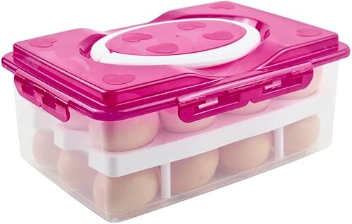 HOTUMN 2 Tiers Deviled Egg Containers with Lid & Holder Plastic Egg Holders Clear Egg Tray Egg Carrier Fridge Freezer Food Storage (Pink) 24 eggs