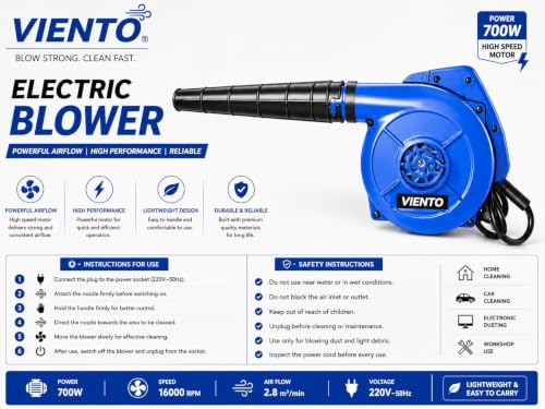 Image of 700W Electric Air Blower for Dust Cleaning High Speed Portable Handheld Air Blower with Extension Nozzle for PC Laptop Keyboard CPU Car Interior Home Office Workshop Cleaning (Blue)
