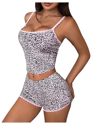 Women's 2 Piece Pajama Set Y2K Leopard Print Lace Trim Cami Crop Top and Shorts Sleepwear Set Cheetah Pjs Loungewear