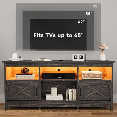 DWVO TV Stand for up to 65 Inch TV, Entertainment Center with Storage, TV Cabinet with Power Outlet & LED Light Strip, Media Console Television Stands for Living Room, Dark Rustic Oak