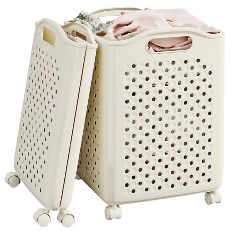 Listado de Cestos para Ropa Sucia de Plastico del mes. 42 cesto de lavandería plegable y espacioso con ruedas,cesto ropa sucia plastico, Cesto para ropa sucia para dormitorio, habitación y baño(Blanco Crema 57L)