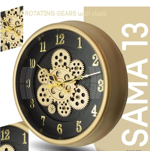 Image of Analog Moving Gear Wall Clock, Plastic Body, Rotating Gears, Battery Operated (Copper Black, Width: 40 Cm) 16 x16inch Diameter (Golden)