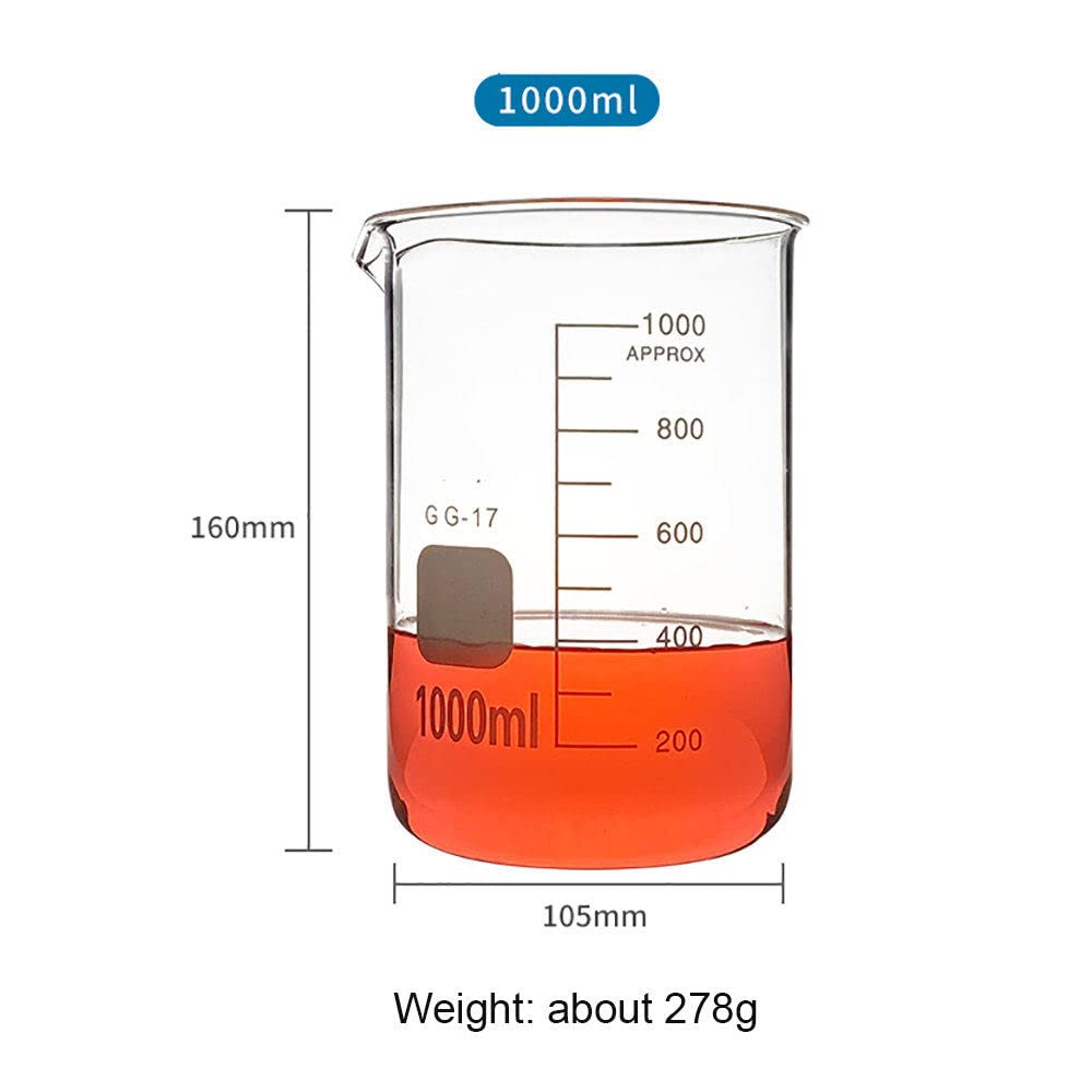 Vasos de precipitados de vidrio de forma baja, (1000ml 2000ml 3000ml 5000ml Vaso de laboratorio de borosilicato transparente, Vaso de medición de vidrio con graduación y pico vertedor, para laborato