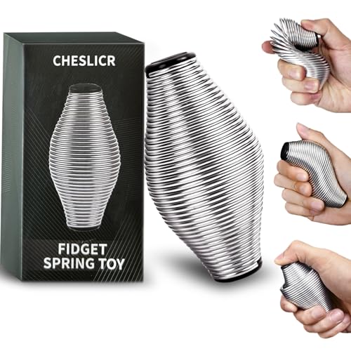 A 20LB stainless steel spring coiled into a rugby-ball shape — satisfyingly heavy and silent for desk fidgeting.