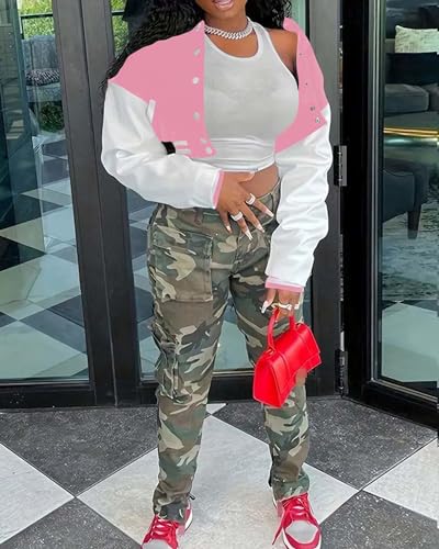 Doweha Women Faux Leather Jacket Light Moto Bomber Jackets Cropped Letterman Baseball Jacket Fall Coat with Pockets2