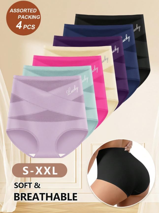 4 Piece Pack Women’s High Waisted Breathable Mesh Panties, Seamless Traceless Triangle Briefs, Soft Stretch Knitted Set