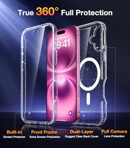 Image of Diaclara Magnetic Designed for iPhone 16 Plus Phone Case,[Full Camera Protection] 360 Clear Bumper Compatible with MagSafe Built-in Screen Protector for 16 Plus,Magnetic Clear Glitter