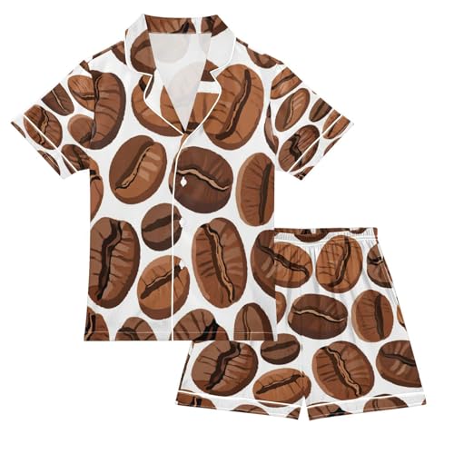 Satin Pajama Sets Short Sleeve Brown Coffee Beans Pattern Print Button Down Silky Nightwear 2 Piece PJS 5-14Y