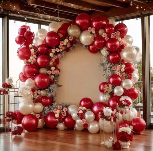 Image of Red White Balloon Garland Dark Red Double Stuffed Balloons Arch Kit Set For Birthday Mothers Day Valentine Engagement Anniversary Bridal Shower Party Decorations