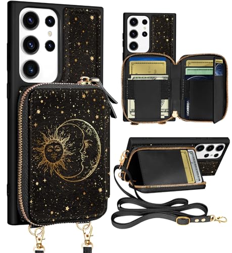 Shorogyt for Samsung Galaxy S23 Ultra Case Wallet Crossbody, RFID Blocking Card Holder Slots Designer Sun Moon Leather Handbag Purse Phone Cases with Lanyard for S23 Ultra