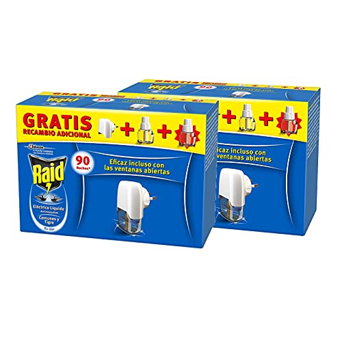 Raid ® Eléctrico Líquido 90 noches, Pack de 2 Uds - Enchufe anti mosquitos comunes y tigre con aplicador y 2 recambios de 45 noches