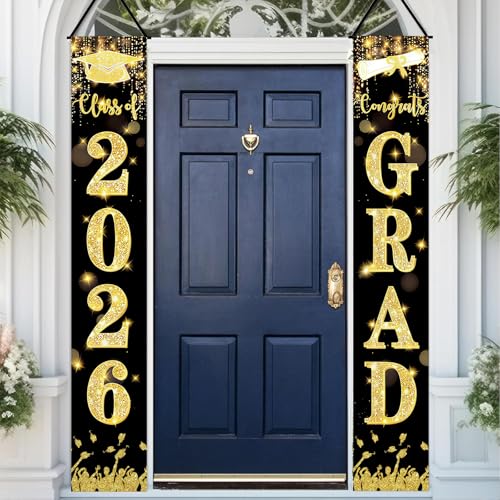 2026 Graduation Decorations Porch Banner Outdoor Waterproof - Black Gold Glitter Class of 2026 Decoration Weather Resistant Grad Welcome Sign for Front Door Yard Garage High School College Graduation Party Supplies (71 x 12 2 Pack)
