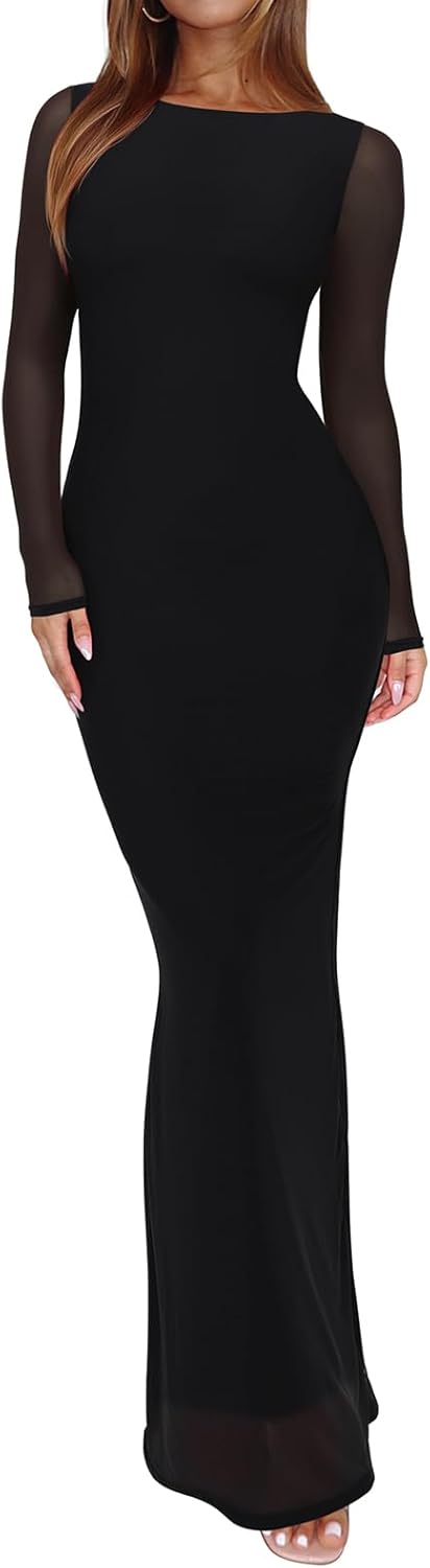 REORIA Women's Fall Mesh Sheer Long Sleeve Wedding Guest Dress Sexy Floral Bodycon Maxi Long Dresses X-Small Black Onyx
