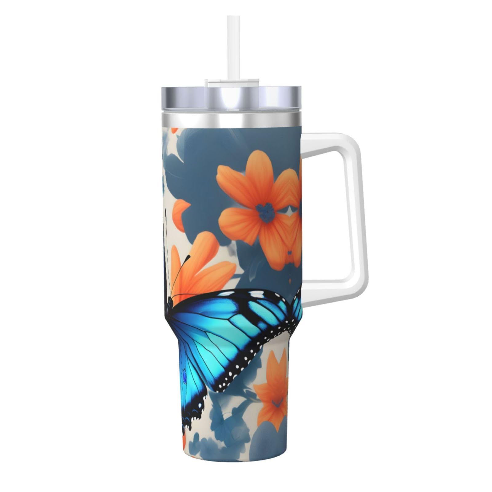 Blue Butterfly Ice Bully Doppelwandige isolierte Wasserflasche mit Griff und Strohhalm-Deckel, 1,2 l