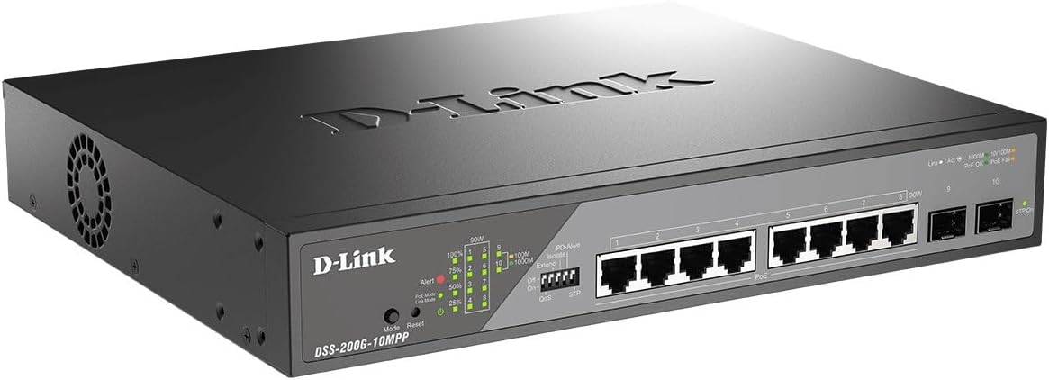 D-Link 10-Port PoE+ Switch Gigabit Ethernet Smart-Managed, 8 x PoE (130 Watt) & 2 x SFP Ports (DSS-200G-10MP)