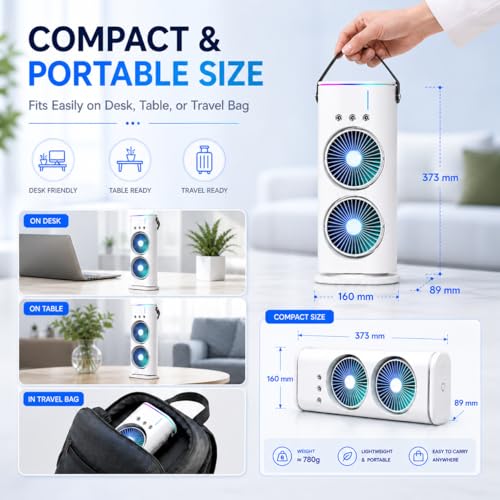 Image of MIKANIX Mini Dual Air Fan Cooler | Mist Spray with 3 Wind Speed Mode | 90 Adjustable Rotation for Room, Kitchen, Home & Office Desk with USB Cable