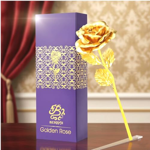 Image of BENAVJI Artificial Gold Plated Rose Flower in Gift Box Gift for Wife, Husband, Boyfriend Girlfriend, Valentines Day Special (1, Gold Rose)
